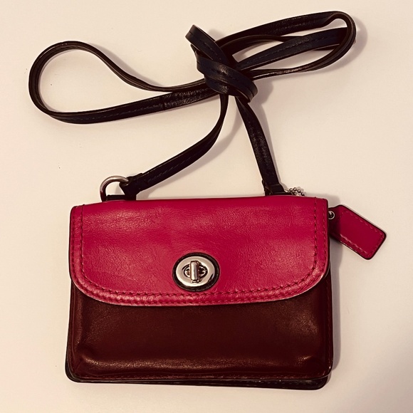Coach Crossbody Wallet Over the Shoulder Purse Mini Bag Leather Burgundy Fuchsia - Picture 1 of 16